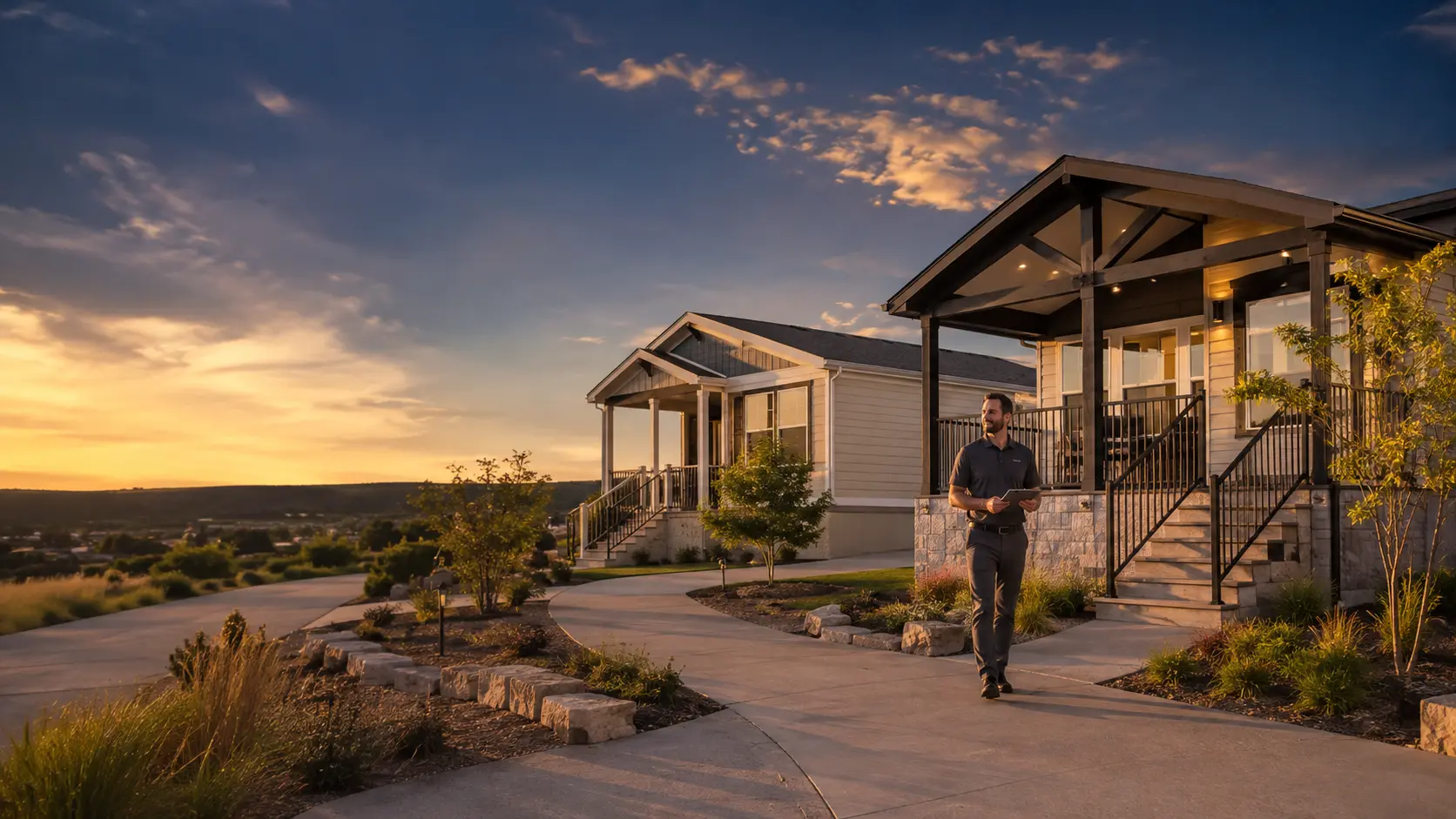 Modern manufactured homes displayed at a sales center